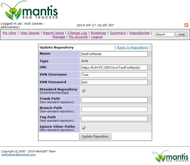 Integration with SVN [11/17] Mantis Repository Creation