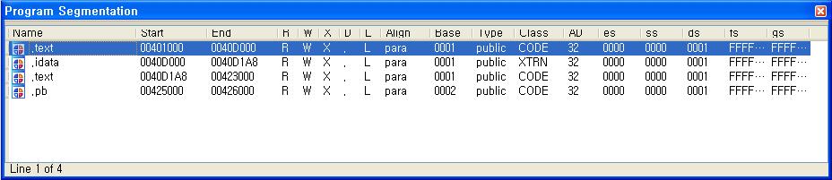 9) The Segments Window Segments Registers View Open: Menu-view-Open subviews-segments (Shift + F7) IDA 에서는 Binary file 구조에서표현하는 Section 들을 segment 로표현한다 분석할파일의 Section 을표시한다 Name Start End R W X L D