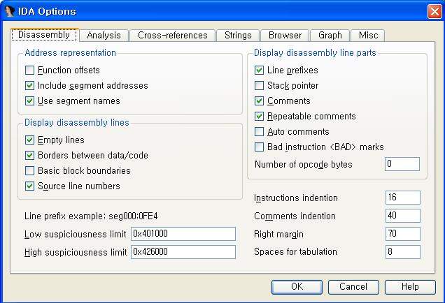 SAVE the database 는분석했던것들을저장하지않음 2) IDA Options Code Display Options - Line