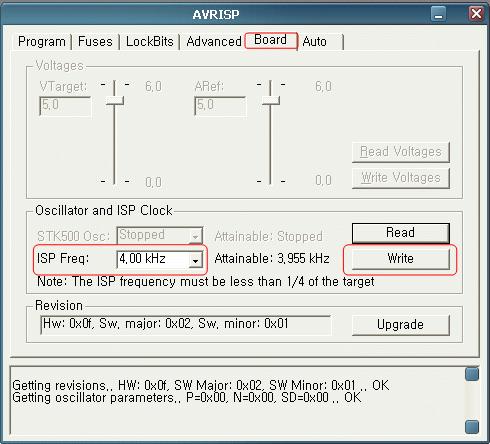 - ISP Freq 설정하기 * ISP Freq 설정은새메인보드일경우반드시설정해야한다. * 한번이상사용한메인보드라도 ISP Freq" 부분은확인한다. 1. AVRISP 창에서 Board 탭을선택한다. 2. ISP Freq 에서 4.00KHz 를선택한후 Write 를클릭한다.