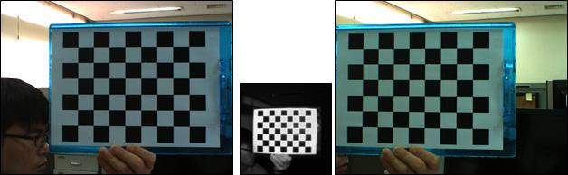 (a) 왼쪽카메라 (b) ToF 카메라 (c) 오른쪽카메라 그림 2. 카메라변수추정을위한패턴영상획득 Fig. 2. Pattern images for camera calibration 이렇게추정한카메라변수는 3차원공간상의점과영상에찍힌화소의관계를설명한다.