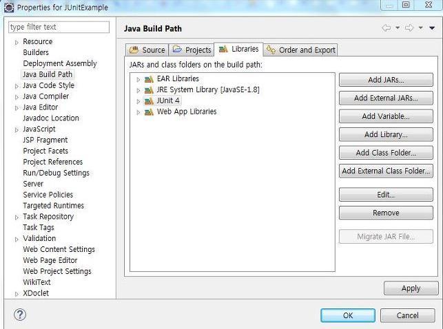 Location 경로를보면 Eclipse plugin에내장되어있다. 없는경우에는 Junit jar 파일을별도로다운받으면된다. Jar 파일을다운로드받아서 Class Path 경로에넣어주거나, maven을사용하는경우에는 maven 설정에 Junit dependency 값을넣어주어도된다. 추가된모습을볼수있다.