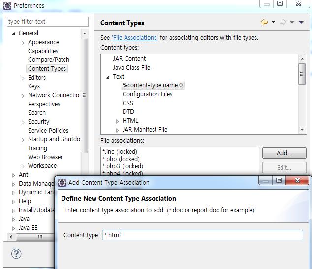 그림 3-5 5) Window 탭의 Preference를열어 Genera->Content Types->Text->%contenttype.name.0 의 File associations 에 *.