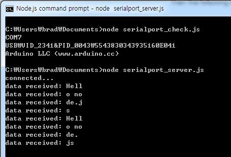 serialport.open(function () { console.log('connected...'); serialport.on('data', function(data) { 아두이노에서오는데이터를출력한다.