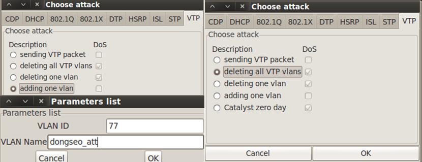 3 공격실행 그림 44 SW_A, SW_B의 VTP 설정상태 다음과같이 VTP 모드를각각설정하고도메인은 dongseo로설정을하고암호는설정하지않는다.