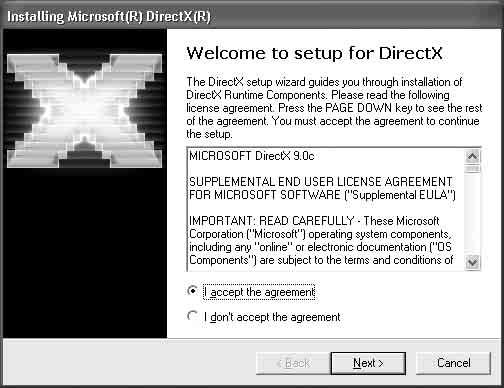 13[Installing Microsoft (R) DirectX (R) ] 화면이표시되지않으면아래의단계를수행하여 DirectX