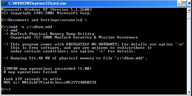 3. 실습 3-0. 먼저 mdd 를통해서메모리를덤프핚다. Notepad 는 DKOM 으로감춘상태이고 calc.exe 는실행시키고종료핚상태이다. c.f) mdd : Mantech Memory DD (www.mantech.