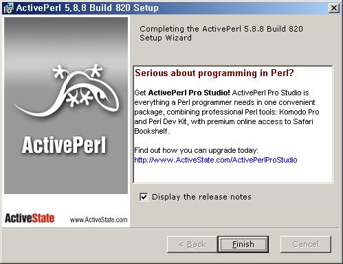 5) 설치종료. 아래와같은화면이뜨면 Perl의설치가완료된것이다. Release Notes는꼭읽어야하는것은아니다.