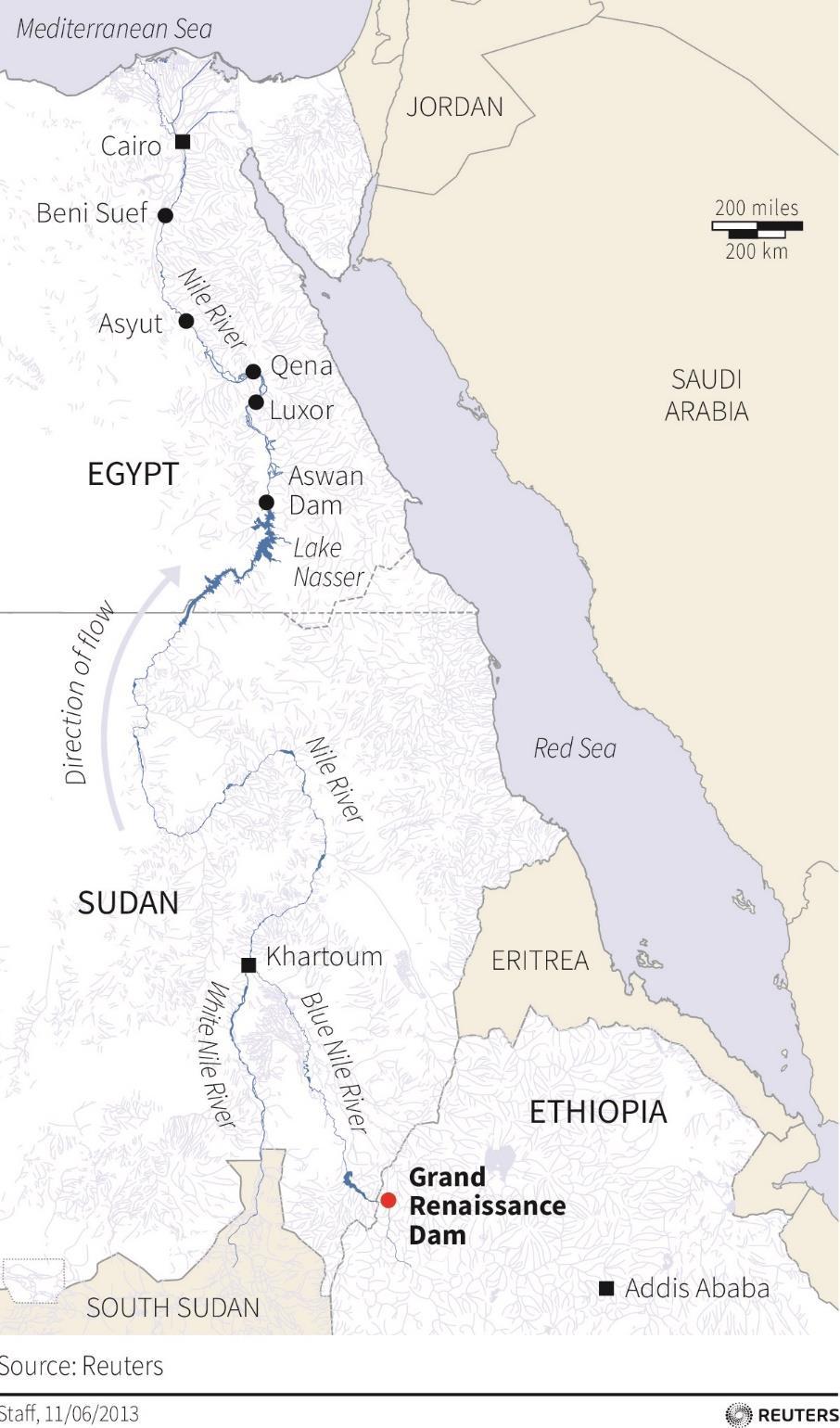 ㅇ수력 < 나일강유역수자원분포도 ( 이집트 - 수단 - 에티오피아 )> - 이집트의수력잠재량은약 3664 MW로연간발전량은 15,300 GWh로예측됨 - 2013년기준수력발전은전체발전량중 9% 를차지하여 137억 kwh의전력을생산 -