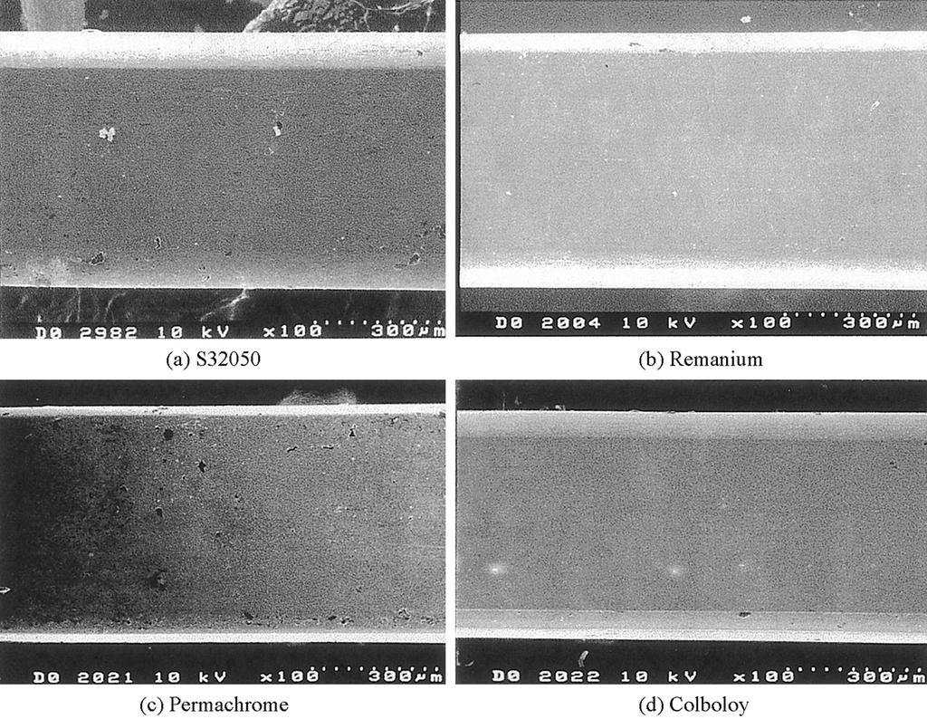 오근택 황충주 김경남 102 Figure 1. Scanning electron micrographs of S32050 and the orthodontic wires. Figure 2. Microstructural photographs of S32050 and the commonly used orthodontic wires. chrome은 19.9Cr-9.