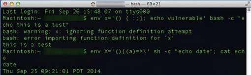 [ 결과 ] - 취약한경우 bash: x: line 1: syntax error near unexpected token `=' bash: x: line 1: `' bash: error importing function definition for `x' Fri Sep 26 11:49:58 GMT 2014 <Mac OS X 취약점확인사례 10) > [ 결과
