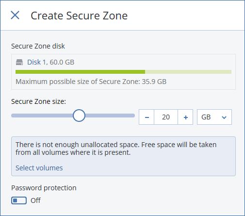 3. Secure Zone 디스크에서선택을클릭한다음영역을생성할하드디스크를선택합니다 ( 여러개가있는경우 ). 소프트웨어가설정가능한 Secure Zone 최대크기를계산합니다. 4. Secure Zone 크기를입력하거나슬라이더를끌어최소크기와최대크기사이의임의의크기를선택합니다. 최소크기는하드디스크의구조에따라약 50MB 입니다.