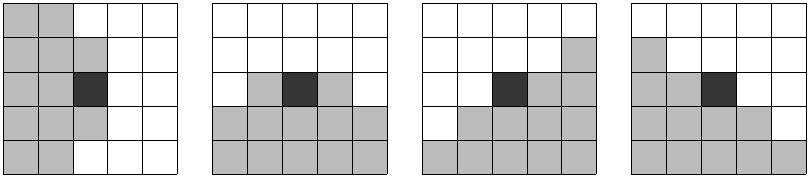 그림 1(a)와 비교하면 작은 크기의 근방영 역을 사용함으로서 계산 속도를 줄일 수 있을 뿐만 아니라 에지 방향에 따라 중심픽셀에 미치는 각 픽 셀들의 영향을 고려하여 설계하였다. 그림 1(c)는 한 개의 5 5 윈도우 안에 두 개의 분할영역으로 이루 어진 배치이고 Fesharaki와 Hellestrand (1994)와 Lim (2006b)에서 사용되었다.