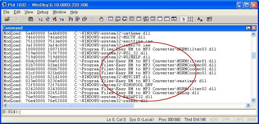 Windbg 창의윗부분에서 Easy RM to MP3에속하는 dll을나타내는라인들을찾는다.