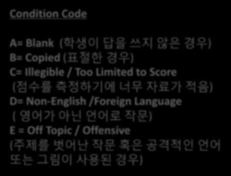 Condition Code A= Blank ( 학생이답을쓰지않은경우 ) B= Copied ( 표절한경우 ) C= Illegible / Too Limited to Score (