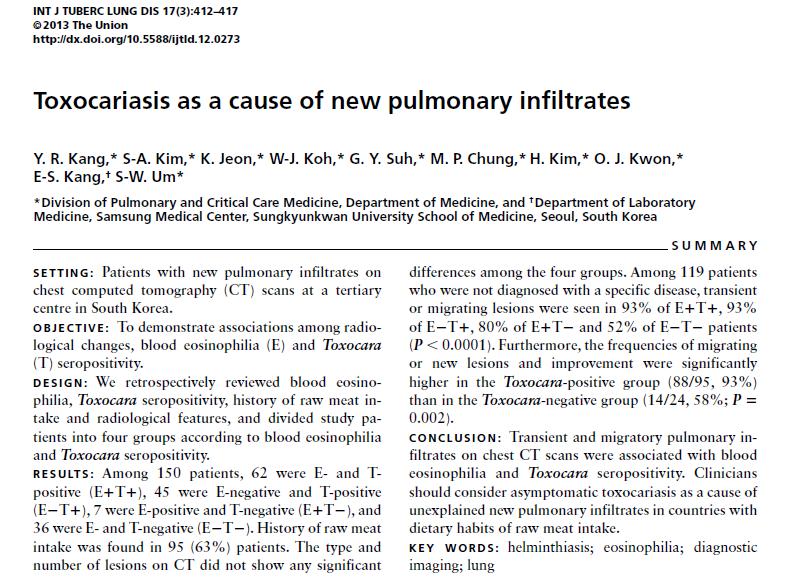 New pulmonary infiltrate 홖자 150 명을조사핚결과 62 명이호산구 (+) 개회충 (+),