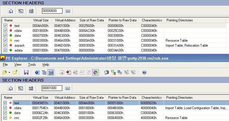 변경된 DataDirectory 정보 Directory Name 패킹된 putty (VA / Size) 원본 putty (VA / Size) Import Table 0046DFACh / 00000214h 00460DD8h / 00002F28h Relocation Table 0046DF54h / 00000008h Load Configuration Table