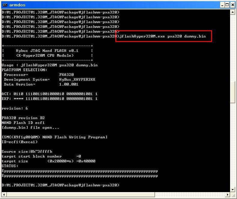 Section 8. Jflash Download armdos(cmd.exe바로가기 ) 실행후에 "jflashhyper320m pxa320 dummy.bin" 명령을실행한다. 3.