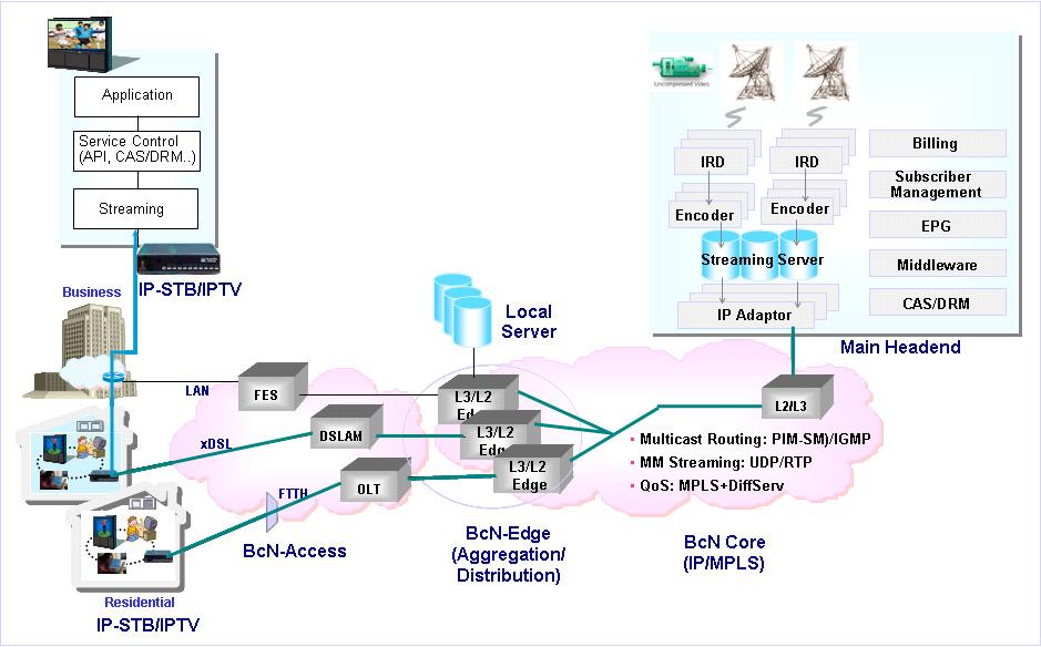 포커스 위한준비단계에있다. 주로유럽과아시아에위치하는 IOC 들은 IPTV 유형의서비스를제공하기위해 DSL(Digital Subscriber Line) 이나이더넷기반의망을구축하고, 기존 TV 외에특화된채널과 VoD 위주의콘텐츠를제공하거나채널패키징서비스등을제공한다. 서비스미들웨어나보안관련기능을제공하기위해서비표준플랫폼을사용하고있다.