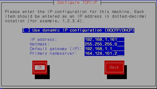 Samba 설정 ip 설정 아래와같이입력한후 OK 를누른다. Use dynamic IP con.. 부분은고정 ip를사용하므로선택하지않는다. Ip address : 19