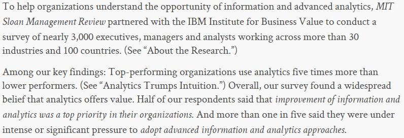 데이터분석의중요성 MIT Sloan Management Review(2011 겨울호 ): 30 개이상의산업분야와