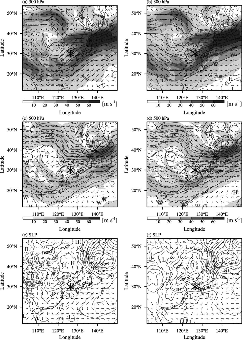 5 km)에서 MOD 강도 청천난류가 발생하였으며, Fig. 5에 청천난류발 생 지점과 수치실험에 사용한 4개의 도메인들을 나타 내었다. Fig. 6은 Fig. 2과 동일한 방법으로 2006년 11 월 23일 00 UTC 사례에 대해 나타낸 것이다.