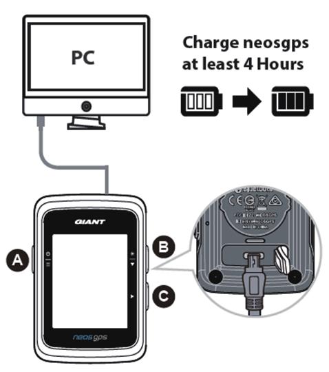 1 단계 : NeosGPS 충전하기 포장에서 USB 케이블을꺼내고 NeosGPS 를컴퓨터에연결하여자동으로충전되도록합니다. 최소 4 시간이상충전하십시오. 완전히충전되면 USB 케이블을분리합니다. 배터리가부족하면배터리아이콘이깜박거립니다. 배터리가완전히충전될때까지전원에연결하십시오.