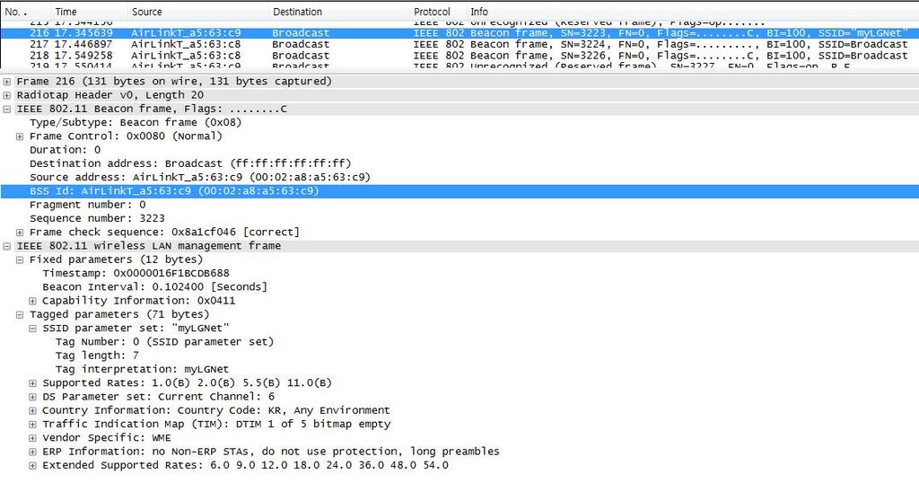 3.7 AP MAC Spoofing v 외부 AP 가사내인가된 AP 와동일한 BSSID 전송시 AP MAC Spoofing 으 로판단 (Beacon 데이터중