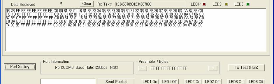 송신쪽에서송신데이터는아래의그림과같이 16 진수형태로송신된 Packet 의개수와 데이터가 16 진수형태로화면에표시가되며, 송신된 Packet 의개수는 Clear 명령버튼을 클릭을하면 0 으로초기화된다. Figure 16.