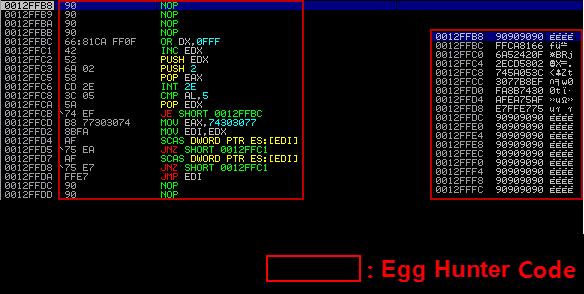 [ 그림 9] Jmp 코드동작 5 Jmp 코드가동작하여 Egg Hunter Code 인근 Nop