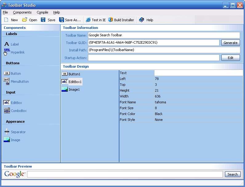 < 그림 30> 툴바개발소프트웨어예시 (http://pcwin.com/software_development/toolbar_studio/screen.htm) 한편, Firebox 웹브라우저를사용하는이용자들을위해서 Libx에서제공되는툴 바기능을활용할수있다.