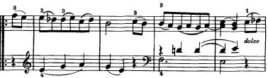Menuet II 미뉴엣은화음의소리를통해작은실내악곡을연상시킨다. 다시말해서, 이곡은소규모의실내악곡을연상시키게하는것이특징이라할수있다. 미뉴엣 II는다소모차르트의감성을볼수있는선율적인모습과도닮아있다. 23) 그러나모차르트와다른점은이곡에서하이든은선율에슬러 (Slur) 를입혀감정적인표현의방향성을제시하고있다.
