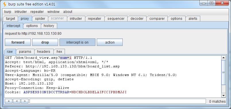 04 웹해킹에대한이해 서버에서클라이언트로전송되는패킷변조 테스트 1 입니다. 의글을조회하는과정에서 HTTP 패킷을웹프록시에서확인해보자. 해당글에대한인수값 (num=1) 이전달되는것을확인할수있음.