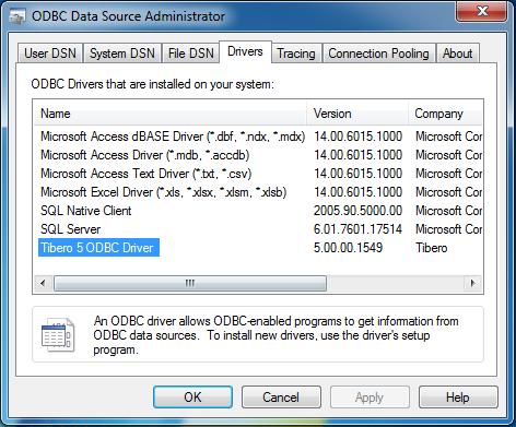 [ 그림 1.3] ODBC 등록확인 1.2.3. ODBC 연결 Tibero ODBC 를사용하는애플리케이션에서연결문자열 (Connection String) 을사용하는방식과 ODBC 관리자에 DSN(Data Source Name) 을등록하는방식에대해서설명한다. 연결문자열을사용하는방식 버전에따라서일부문자열이다르다.