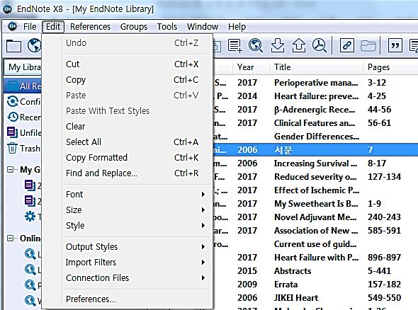 Compressed Library(.enlx): 라이브러리의전체또는일부레퍼런스를압축하여저장 2) Edit: Library 의레퍼런스를전체선택하여삭제하거나복사하는기능과표시되는필드의글꼴변경, 출력형식 (Output style) 의변경기능등이있다.