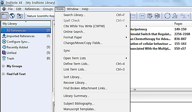 5) Tools: 라이브러리안에있는레퍼런스검색하거나, 워드문서로문헌작성, 투고저널의템플릿제공. - Search library: Endnote 라이브러리안에있는레퍼런스를검색할때사용한다. - Cite While You Write: 워드에서 CWYW 기능을통해간편하고빠르게논문작성이가능하다.