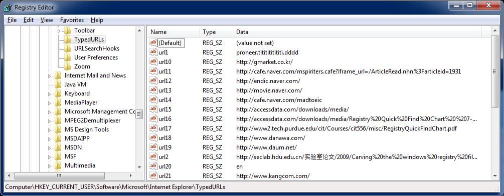 인터넷사용흔적 (2/11) Internet Explorer 타이핑한 URL 목록