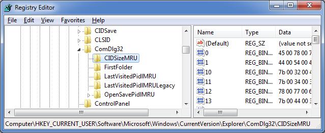 대화상자 (Dialog) 사용흔적 (5/5) Vista/7 에서추가된대화상자흔적 HKU\{USER}\SOFTWARE\Microsoft\Windows\CurrentVersion\Explorer\ComDlg32\LastVisitedPidMRULegacy