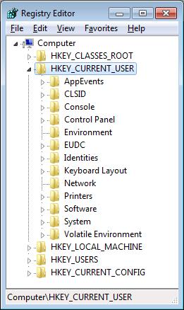 레지스트리소개 HKEY_CURRENT_USER (HKCU) 하위키내용 하위키 AppEvents CLSID 설명 사운드, 이벤트관련키 COM 객체연결정보 Console 명령프롬프트윈도우설정정보 ( 가로, 세로크기, 색상등 ) ControlPanel Environment EUDC Identities Keyboard Layout Network Printers