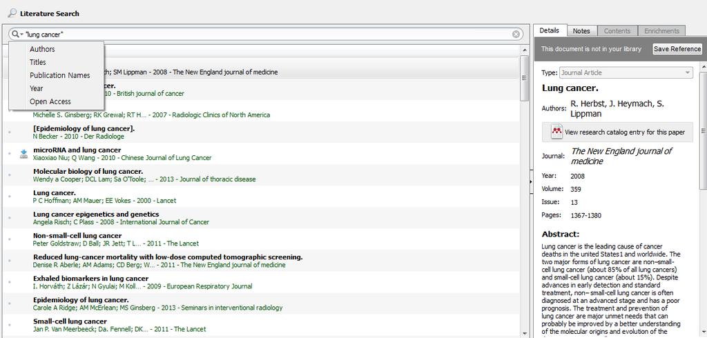 Literature Search 1 원하는 Search Field 를선택하여주제어를입력하고, 2 검색된논문의 Details 를확인후, Save Reference 를클릭하여나의 Mendeley library 에저장합니다.