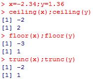 ceilig() floor() truc() 올림 내림 소수점이하버림 roud(, digits=) cos(), si(), ta() 소수점 자리이하반올림 삼각함수값 log(), log0(), log() 자연로그값, 상용로그값, 밑이 인로그값 ep() 지수함수값 e prod() choose(, r),