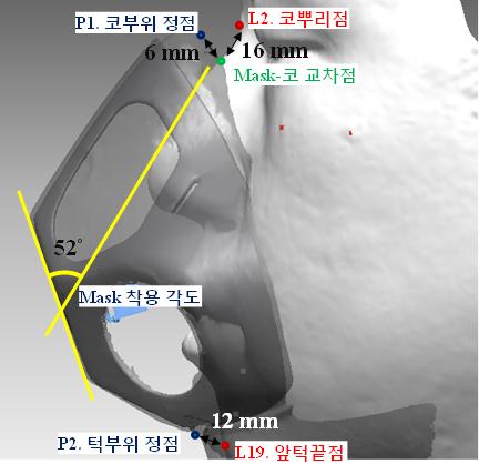 3D alignment 후, 산소마스크착용특성이착용각도, 코및턱부위착용위치, 여유공간, 안면부부위별압박도및밀착도측면에서파악되었다 ( 이원섭외, 2011). 산소마스크착용각도는마스크전면부와콧대의각도를의미한다.