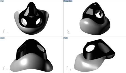 개선대상이아닌부위 ( 예 : 마스크전면부, 주변부품결합부등 ) 는기존산소마스크와동일한형상을유지하였다. 산소마스크설계개선을위해 RapidForm 2006 (INUS Technology, Inc., Korea) 와 Rhino 3D (McNeel, USA) 가사용되었다 ( 그림 10 참조 ). 그림 10. Rhino 3D 를이용한산소마스크형상개선설계예 a.