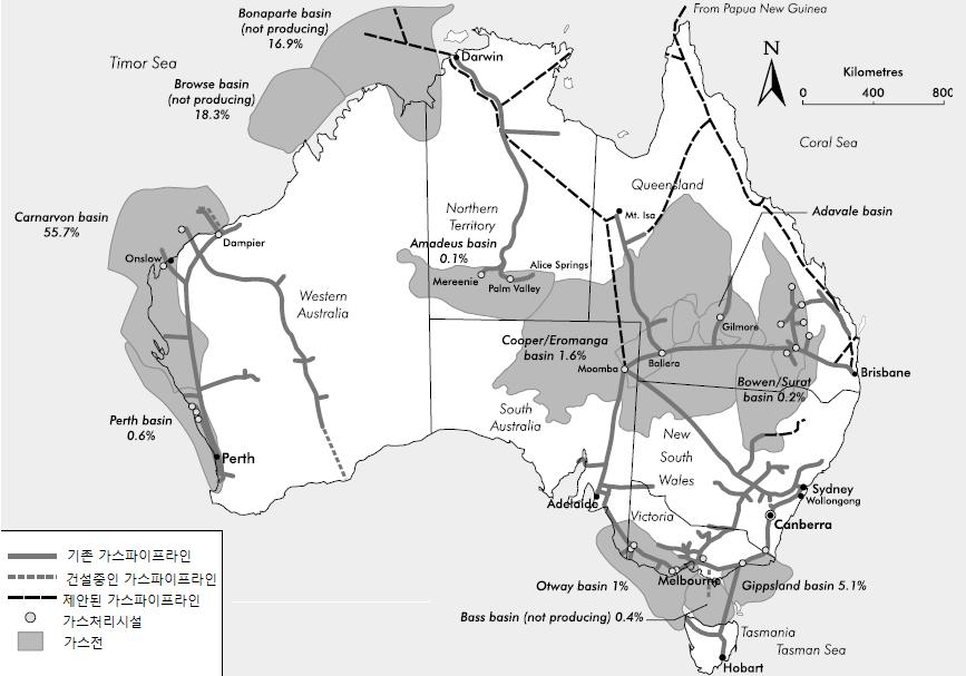제 2 장호주의에너지자원개발현황및진출환경분석 9-2007년기준연간생산량은 1.4 Tcf(40 Bcm) 이며, 세계가스생산의 1.4% 를점유하고있음. 가스생산량의약 2/3가 Carnarvon Basin에서생산되며, 빅토리아주에서는약 20% 가생산되는데대부분은 Gippsland Basin에서생산되며일부는남부의육상가스전인 Otway Basin에서생산됨.