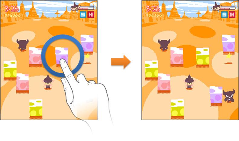 [ 그림 3] 은개발된게임의테스트화면이며 [ 표 8] 은 Bomberman 과개발된게임의터치인터페이스적용에대한비교를나타낸다. 그림 3. 에뮬레이팅테스트 ( 좌 ), 터치스크린모바일일폰테스트 ( 우 ) 표 8.