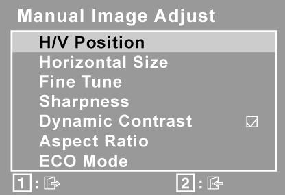 제어 설명 Manual Image Adjust ( 수동이미지조정 ) 수동이미지조정메뉴를표합니디. H. /V. Position ( 수평 / 수직위치 ) 화면이미지의수평과수직위치를조정합니다. H. size ( 수평크기 ) 화면이미지의너비를조정합니다. Fine Tune ( 미세조정 ) 밝은텍스트와 / 또는그래픽문자를정렬하여초점을선명하게합니다.
