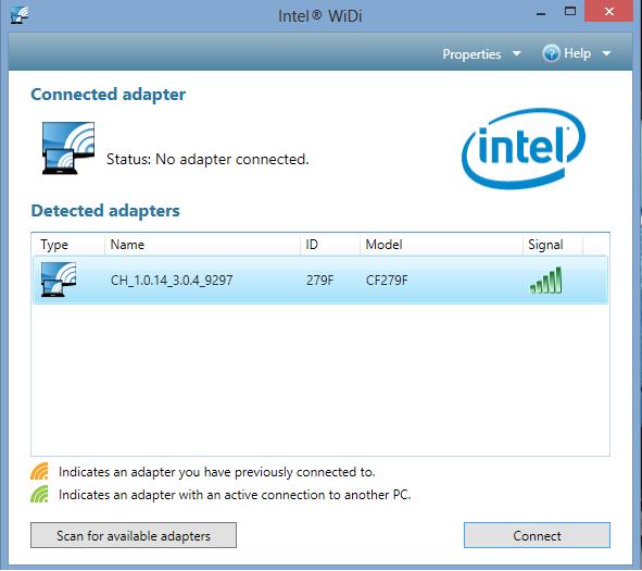 Intel WiDi 가지원되는장치연결하기 중요사항! 이옵션은펌웨어 1.0.14 이상버전과 Intel WiDi 3.5 이상버전에서실행되는 ASUS Miracast Dongle 용으로만제공됩니다. ASUS Miracast Dongle 에연결하면펌웨어버전이 HDMI 디스플레이에표시됩니다.