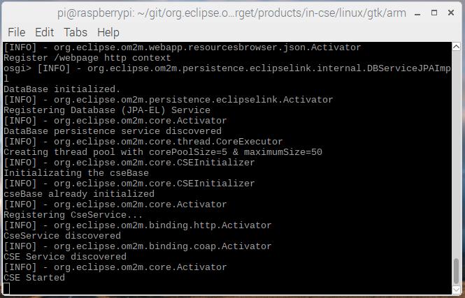 3.4 OM2M 예제테스트 빌드가완료되면 org.eclipse.om2m/org.eclipse.om2m.site.in-cse 폴더안에 target 폴더가 생성된다. 터미널을실행하여 target/products/in-cse/linux/gtk/arm 폴더로들어가 start.sh 파일을 bash start.