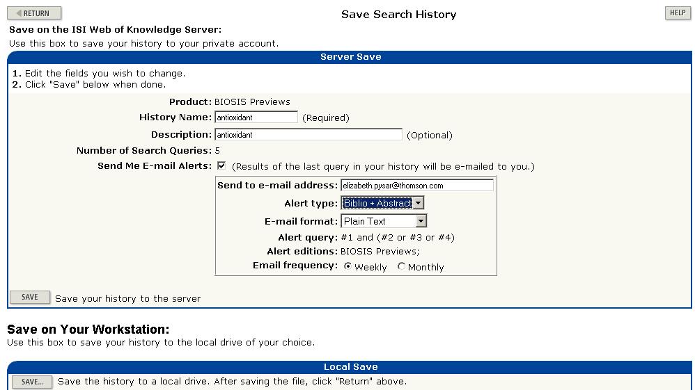 검색식을개인의컴퓨터에저장하려면 Save to Your Workstation 메뉴아래의 Save 버튼을누릅니다. 단개인의컴퓨터에저장한검색식은 Alert 를설정할수없습니다. 검색식저장및 Alert 생성은 Search History 혹은 Advanced Search 화면에서가능합니다.