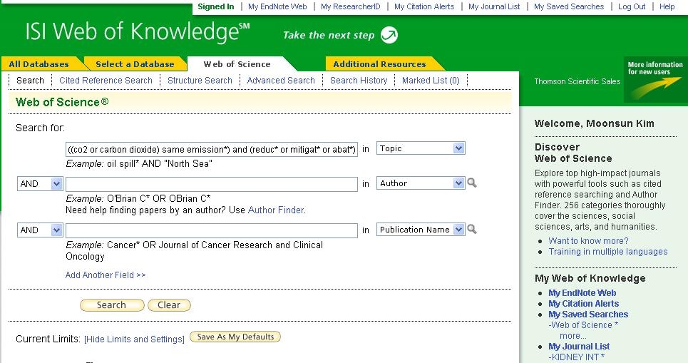 검색 (Search) Select a Databse 텝을클릭해서 Web of Science 로이동합니다. 이산화탄소 (CO2) 배출량에관한아티클을검색하려면 Topic 항목에다음과같이입력합니다.